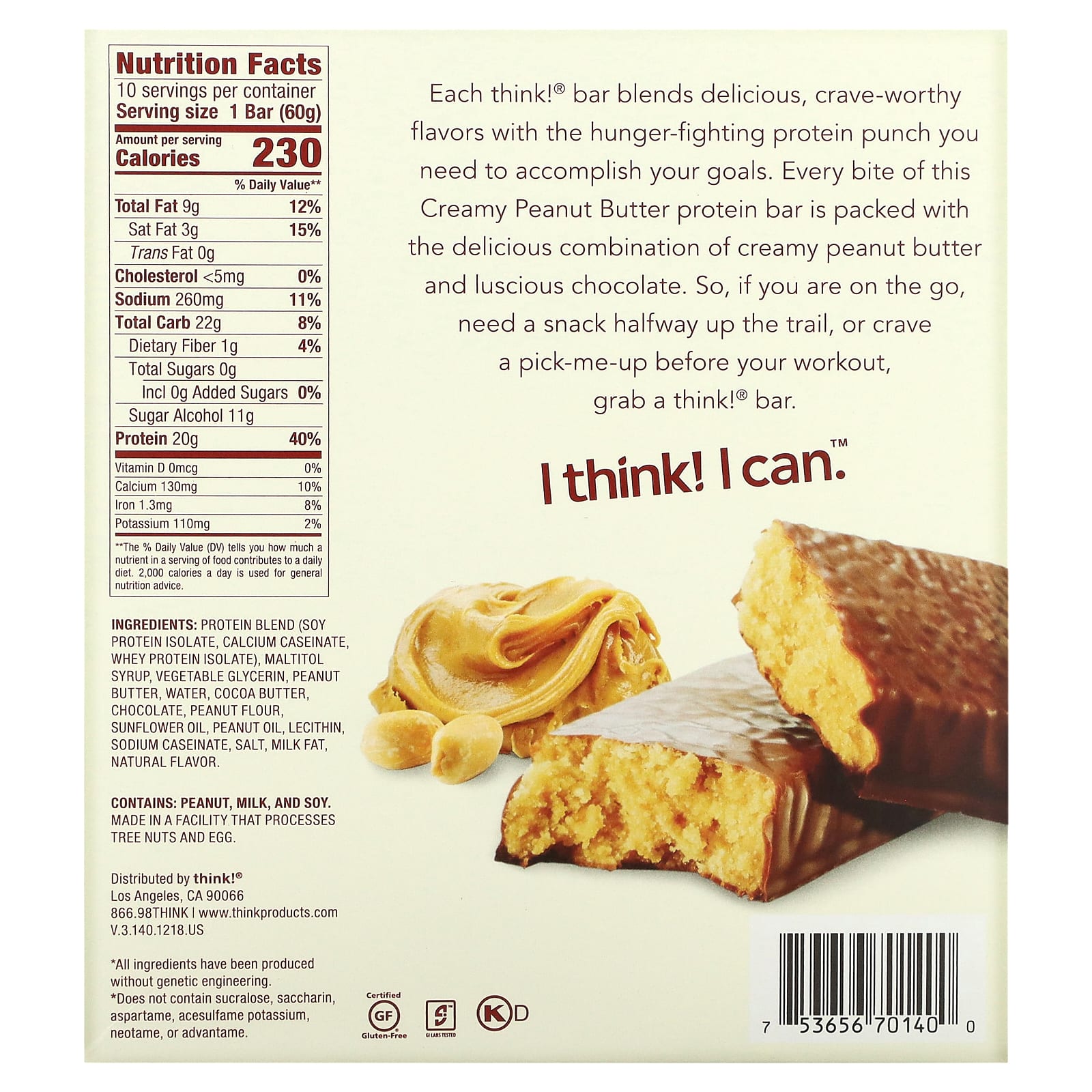 Photo of Think! High Protein Bars, Creamy Peanut Butter, 2.1 Oz Bar, 10 Bars/Carton