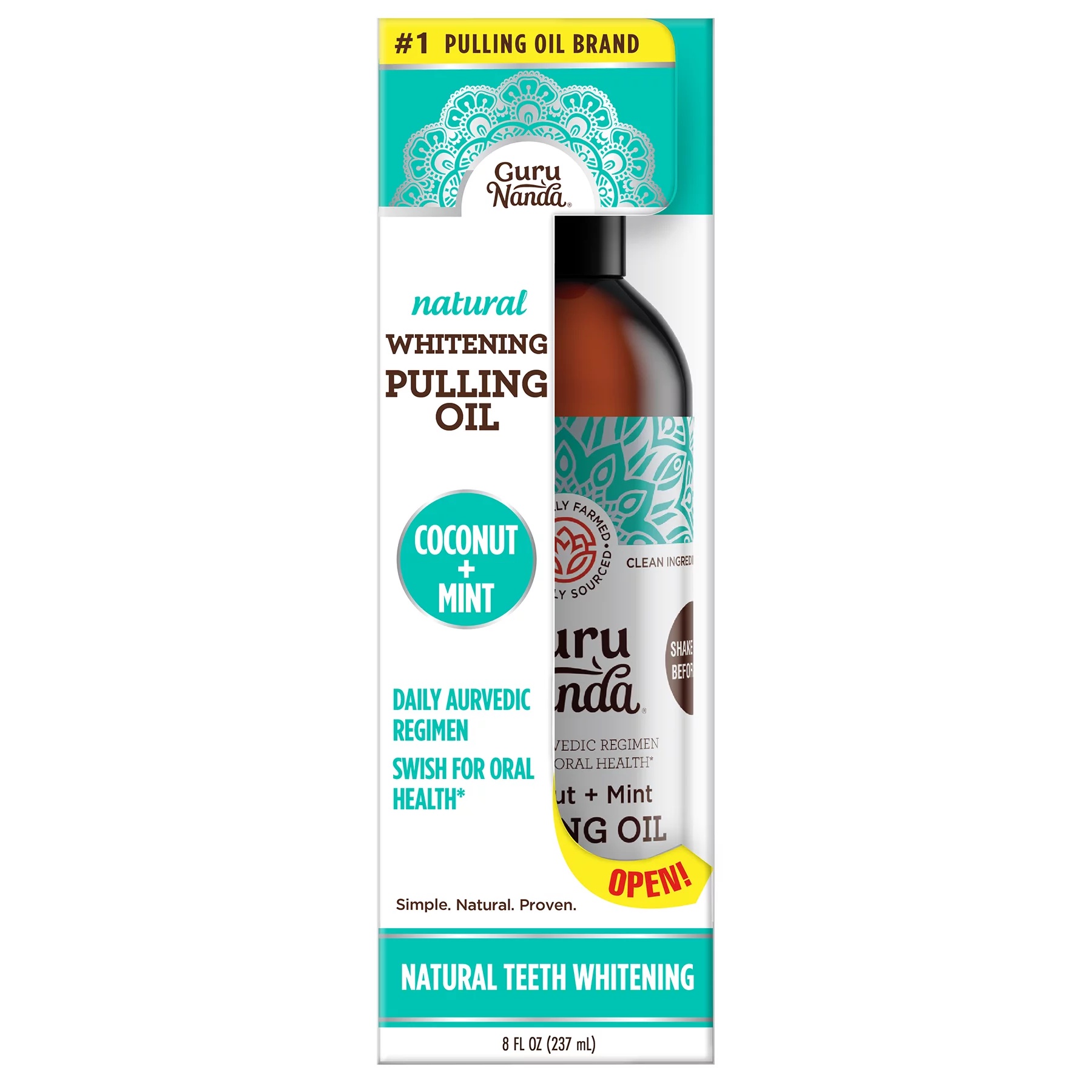 Guru Nanda Coconut + Mint Natural Teeth Whitening Oil Pulling Oral Rinse, 8 Fl Oz, 8 Fluid Ounce