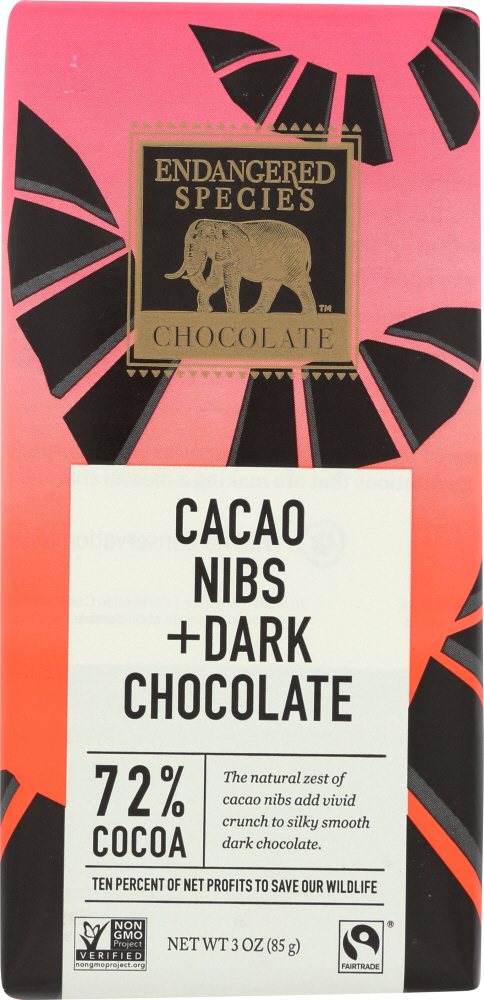 Endangered Species Natural Chocolate Bars, Dark Chocolate, 72 Percent Cocoa, Cacao Nibs