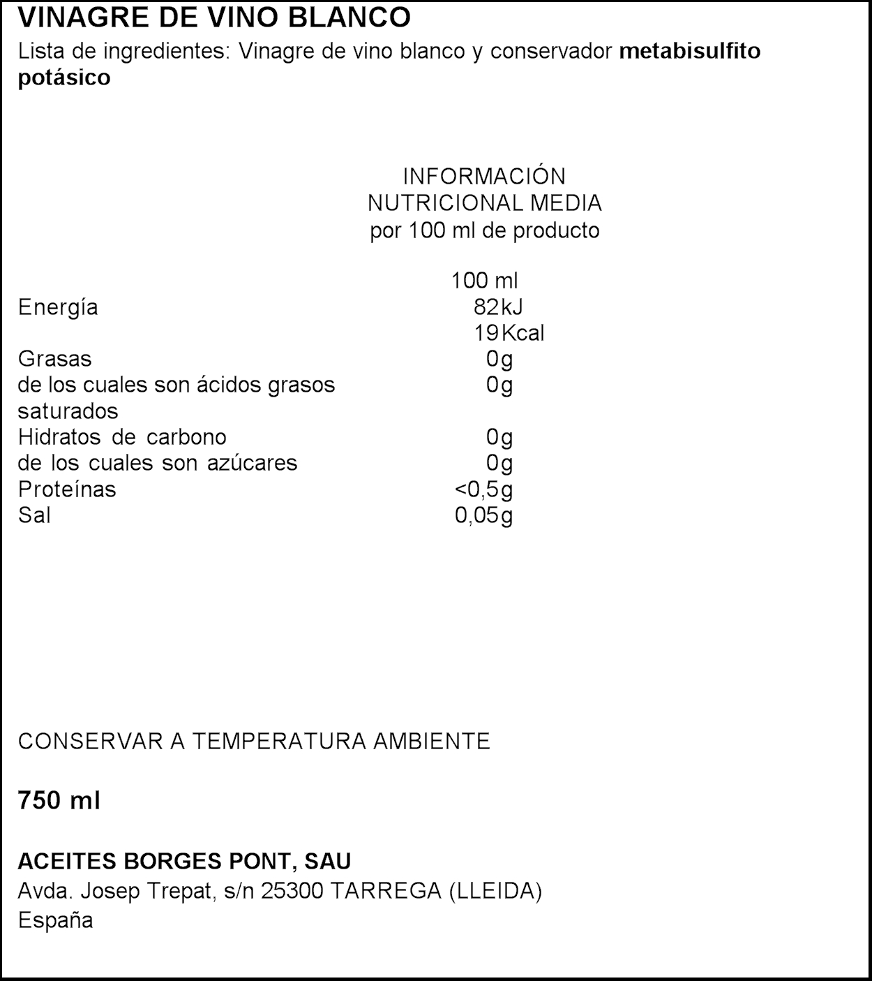 VINAGRE BLANCO BORGES 1 L