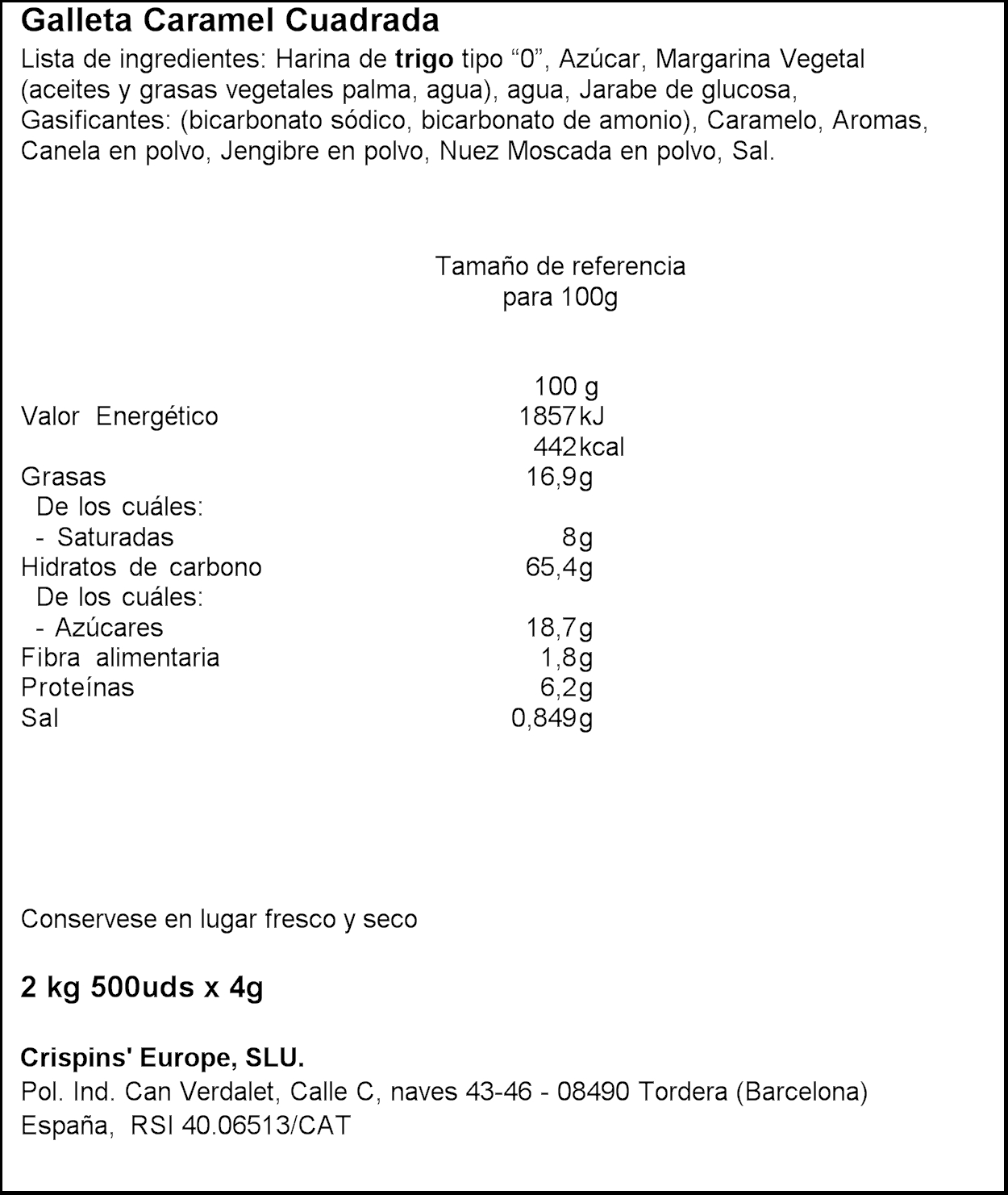 GALLETA CAFE CRISPINS CUADR.4GR(500 UN)