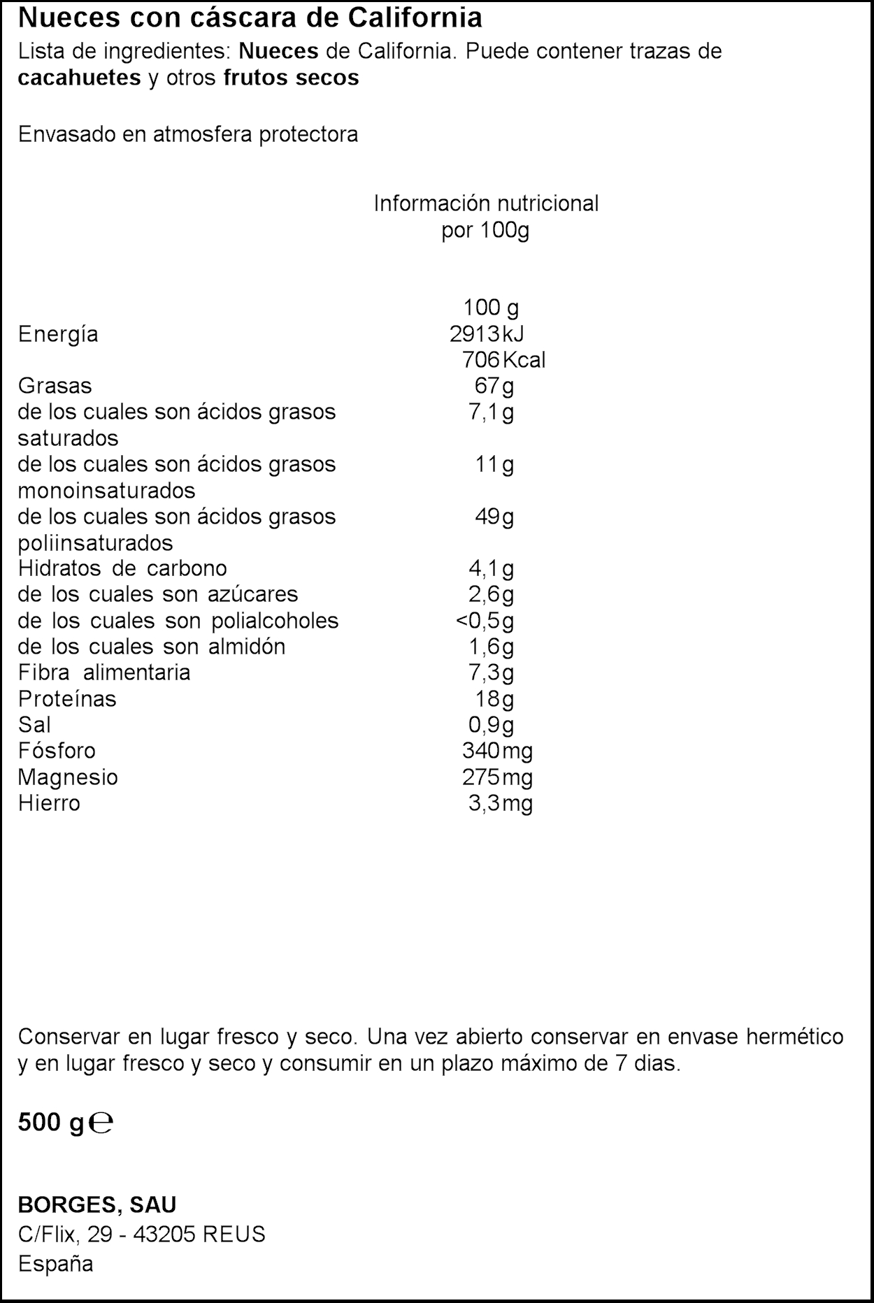 NUEZ CASCARA BORGES 500 G