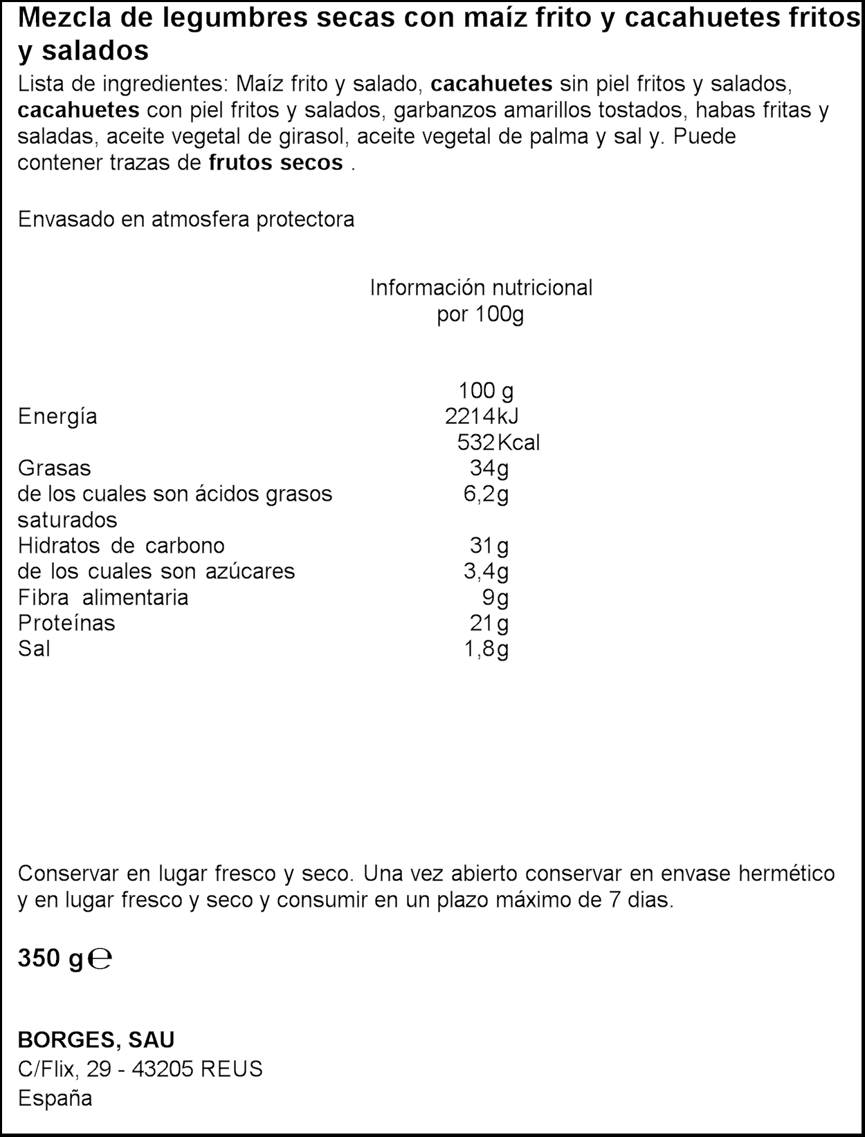 COCKTAIL FR.SECOS FRITOS BORGES 350 GR