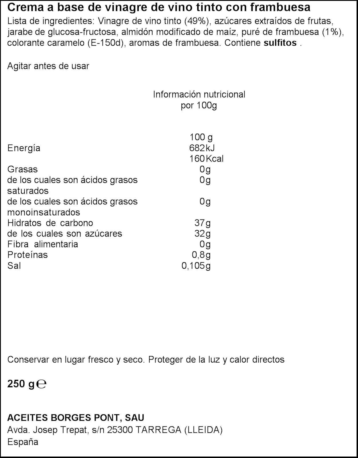 CREMA BALSAMICA FRAMBUESA BORGES 250 GR