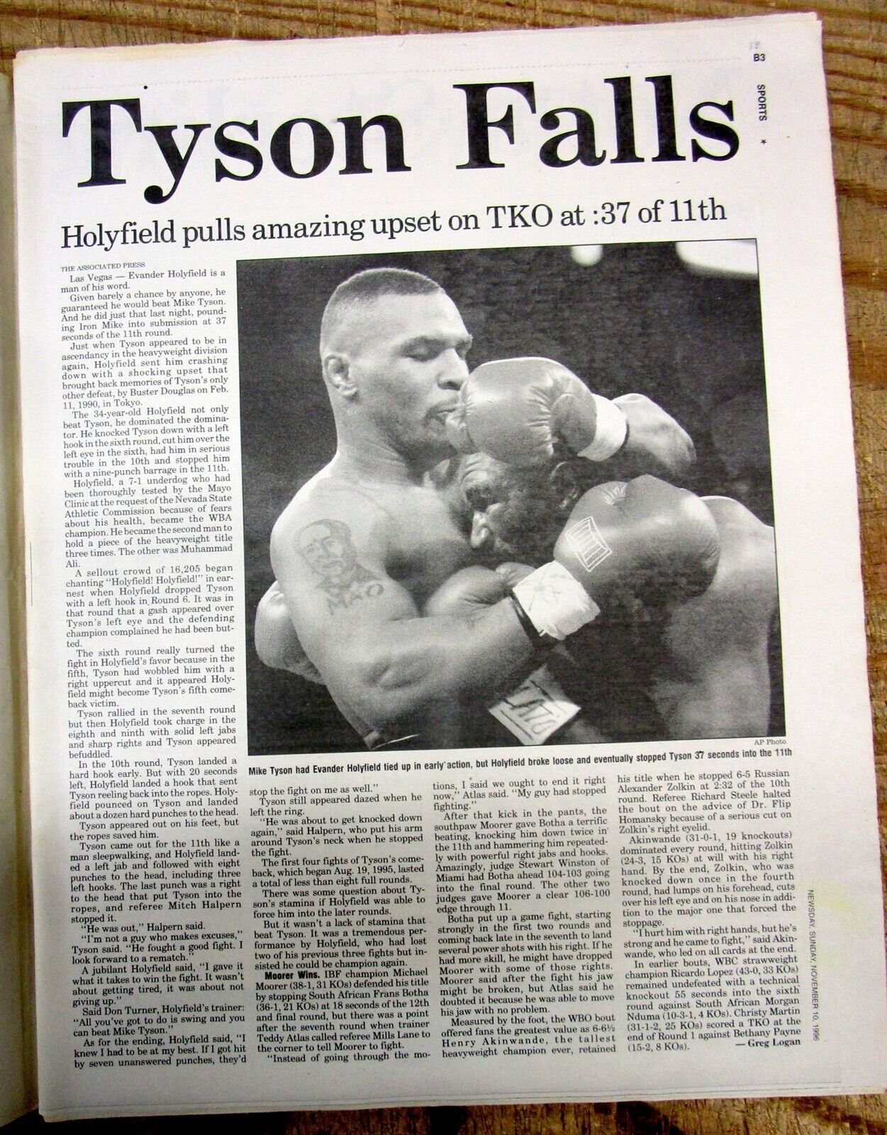 Photo of 1996 Newsday Newspaper EVANDER HOLYFIELD DEFEATS MIKE TYSON N Heavyweight BOXING