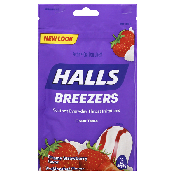 Halls Drops, Creamy Strawberry Flavor, Throat Soothing