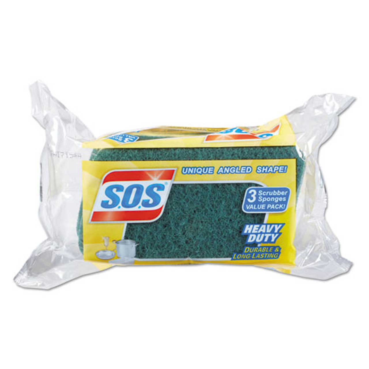 Photo of SOS Heavy Duty Scrubber Sponge, 2.5 X 4.5, 0.9" Thick, Yellow/green, 3/pack, 8 Packs/carton