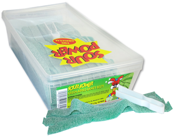Dorval Trading Sour Power Green Apple Candy Belts, Unwrapped – Tub Of 150