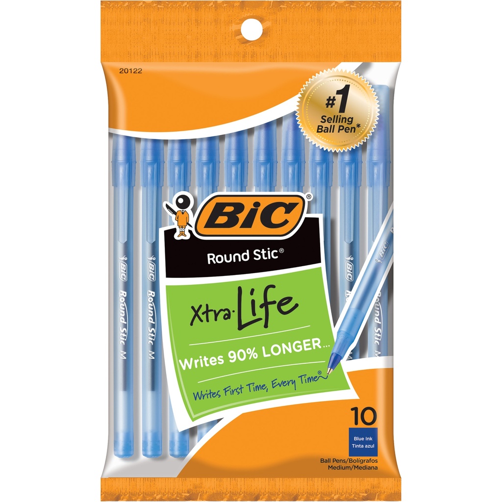 BiC Round Stic Ball Pens, Xtra Life, Blue Ink, Medium — UPC 70330201224 ...
