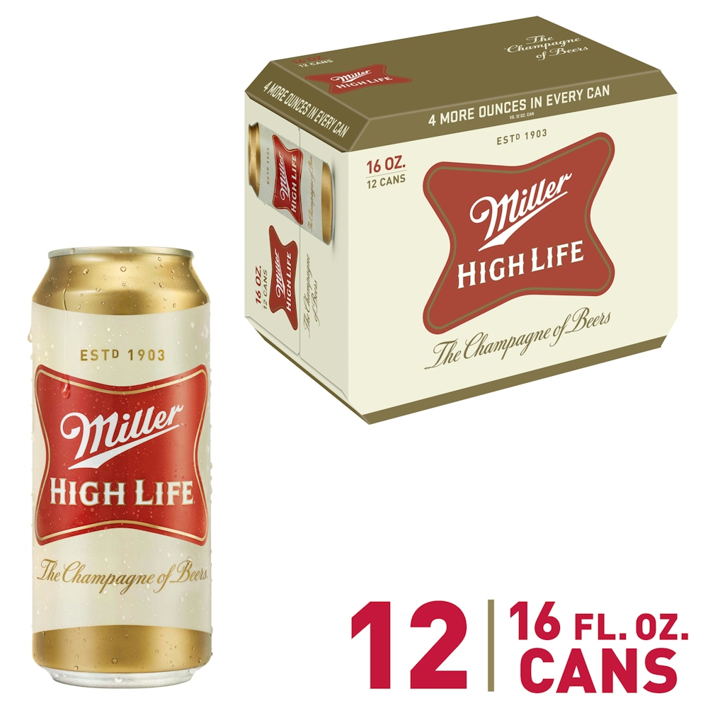 Photo of Miller High Life Beer, American Lager, 12 Pack, 16 Fl. Oz. Cans, 4.6% ABV