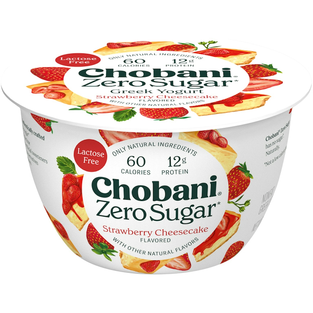 Chobani Yogurt, Greek, Nonfat, Zero Sugar, Strawberry Cheesecake Inspired 5.3 Oz