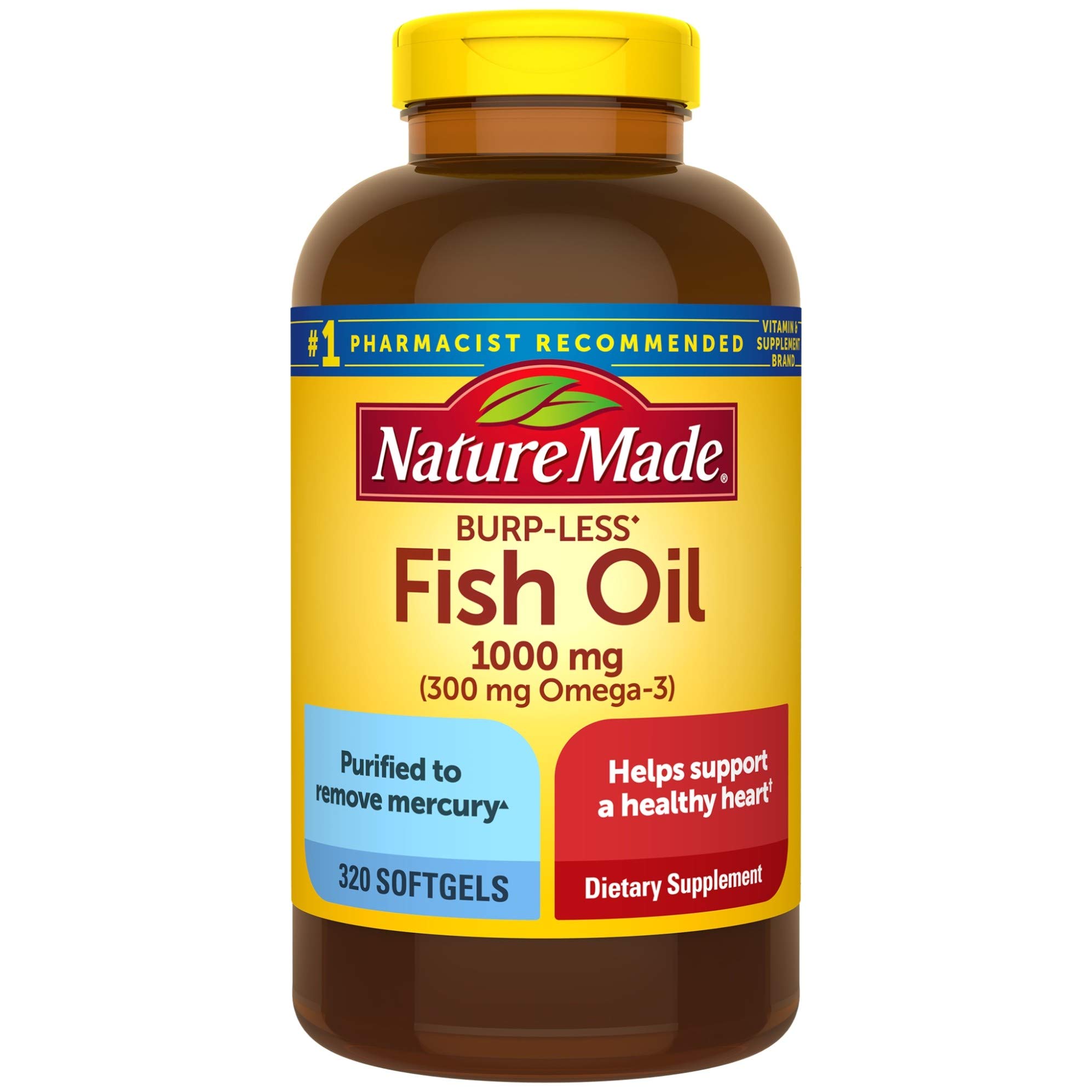 Nature Made Fish Oil Burp-Less 1000 Mg, 320 Softgels, Fish Oil Omega 3 Supplement For Heart Health