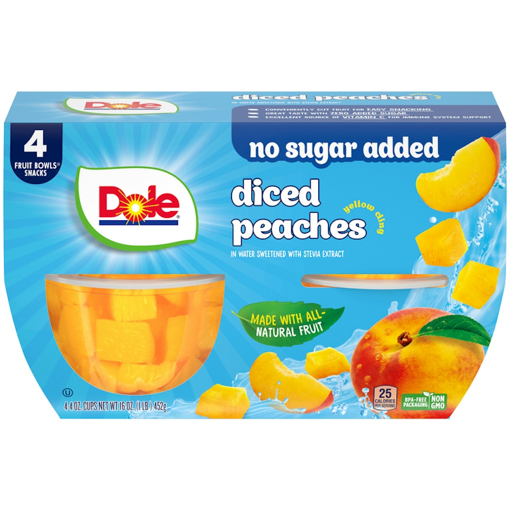 No Sugar Added Yellow Cling Diced Peaches in Water Sweetened with Stevia Extract, Water