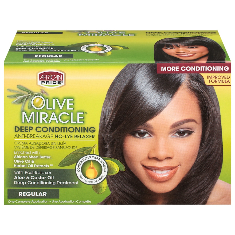 Photo of African Pride Olive Miracle Regular Deep Conditioning Anti-Breakage No-Lye Relaxer Kit Box
