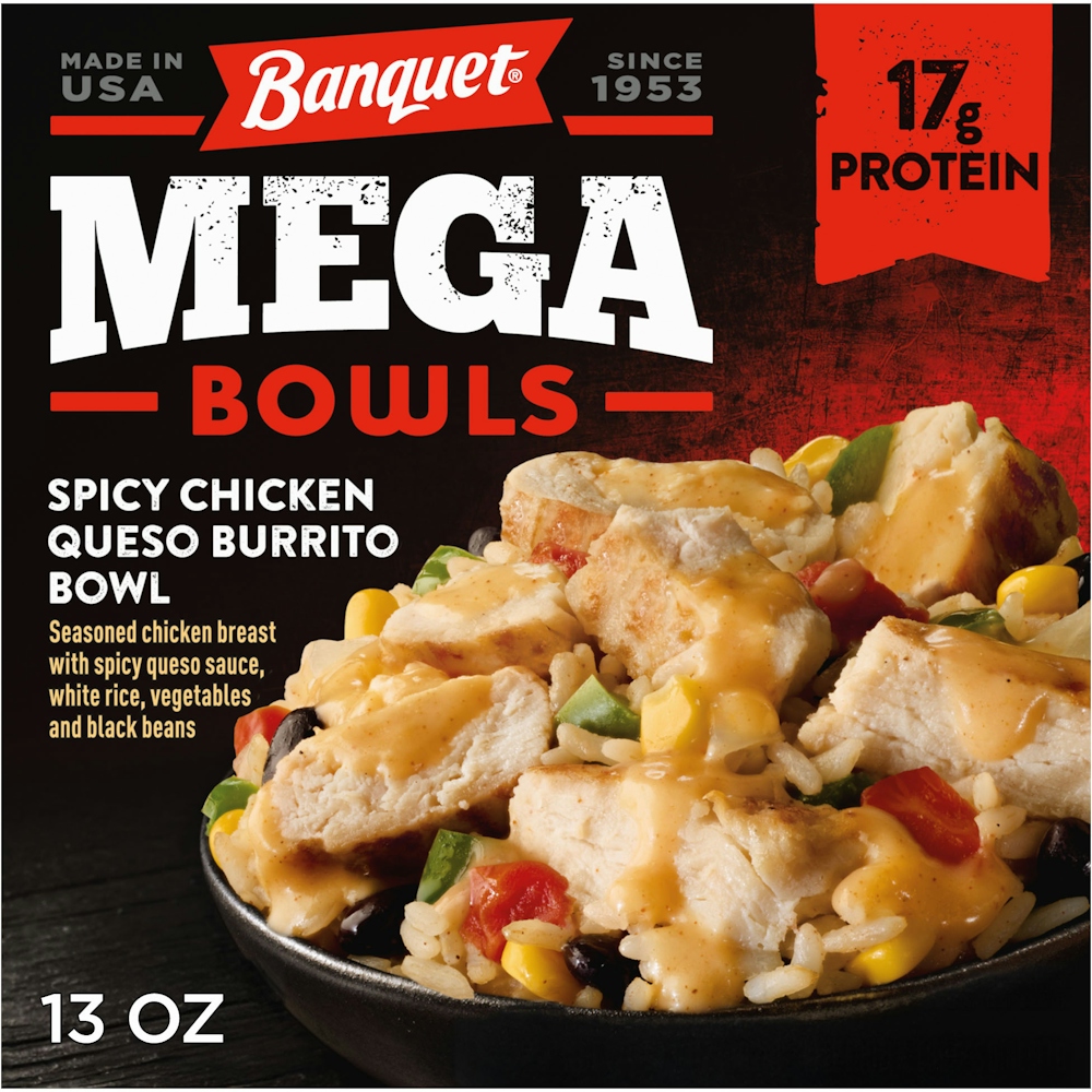 Banquet Mega Bowls, Spicy Chicken Queso Burrito Bowl, Frozen Meal, 13 Oz.