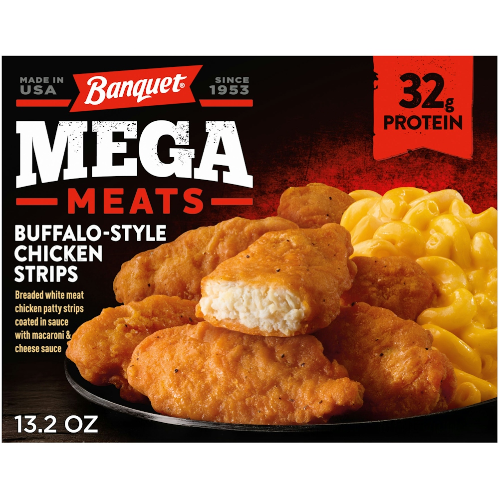 Buffalo-Style Boneless Strips Breaded White Meat Chicken Patty Strips Coated in Sauce with Macaroni