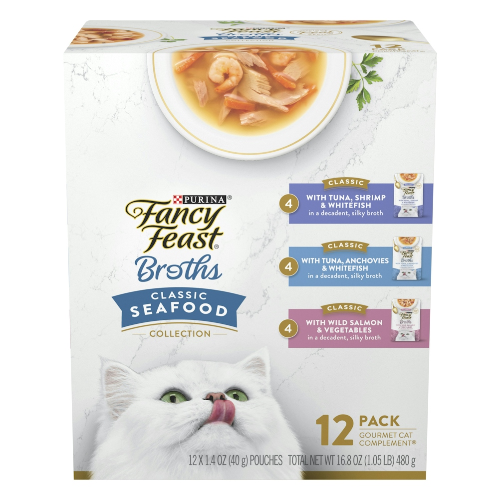 Fancy Feast Purina Broths Wet Cat Food Classic Collection Variety Pack 12-1.4 Oz. Pouches 16.80 Oz
