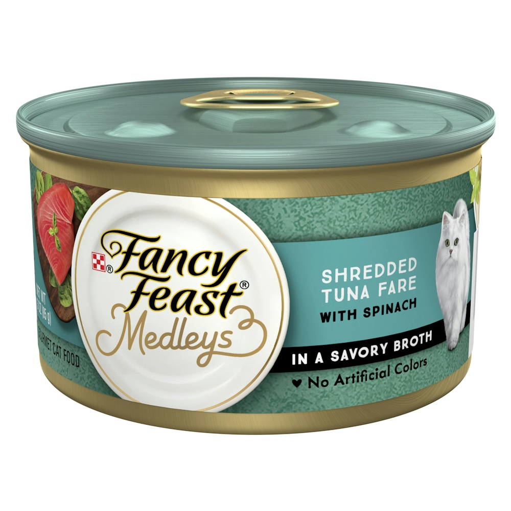 Fancy Feast Purina Medleys Shredded Tuna Fare With Spinach In A Savory Broth Gourmet Cat Food, 3 Oz, 3 Ounce