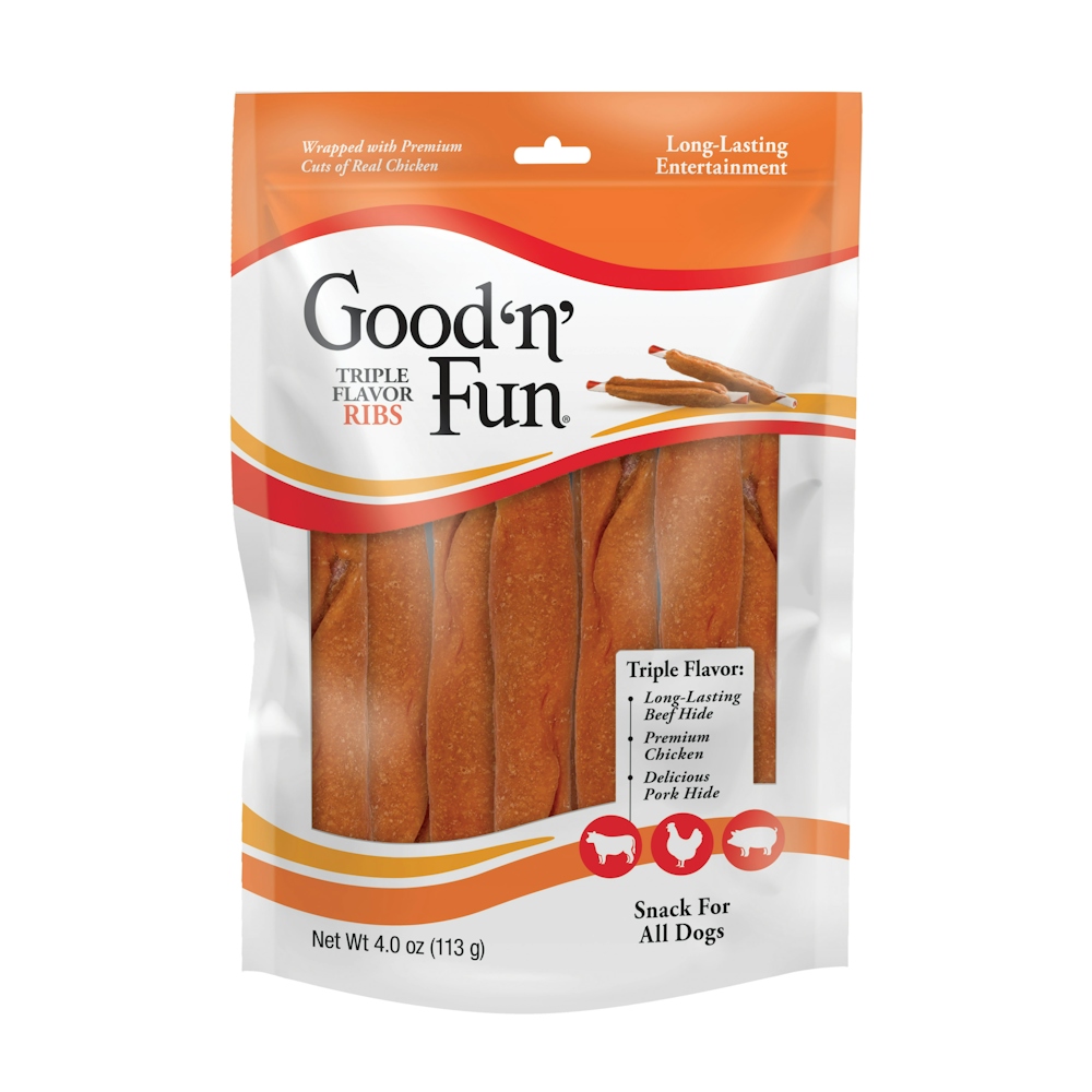 Good 'n' Fun Healthy Hide Dog Treats, Gourmet, Triple Flavor Ribs, 4 Ounce
