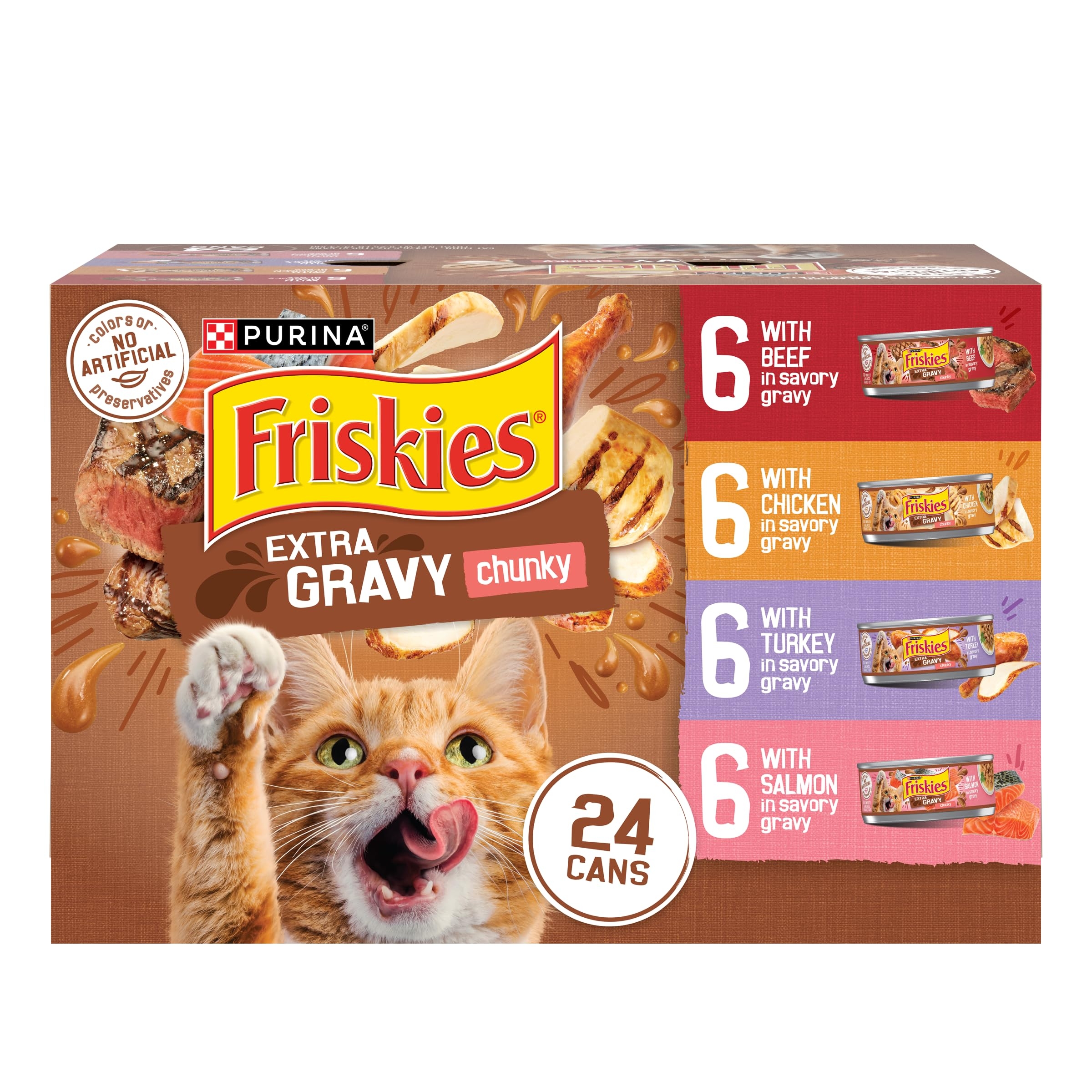 Friskies Cat Food, Chicken, Turkey, Salmon & Beef, Extra Gravy, Chunky
