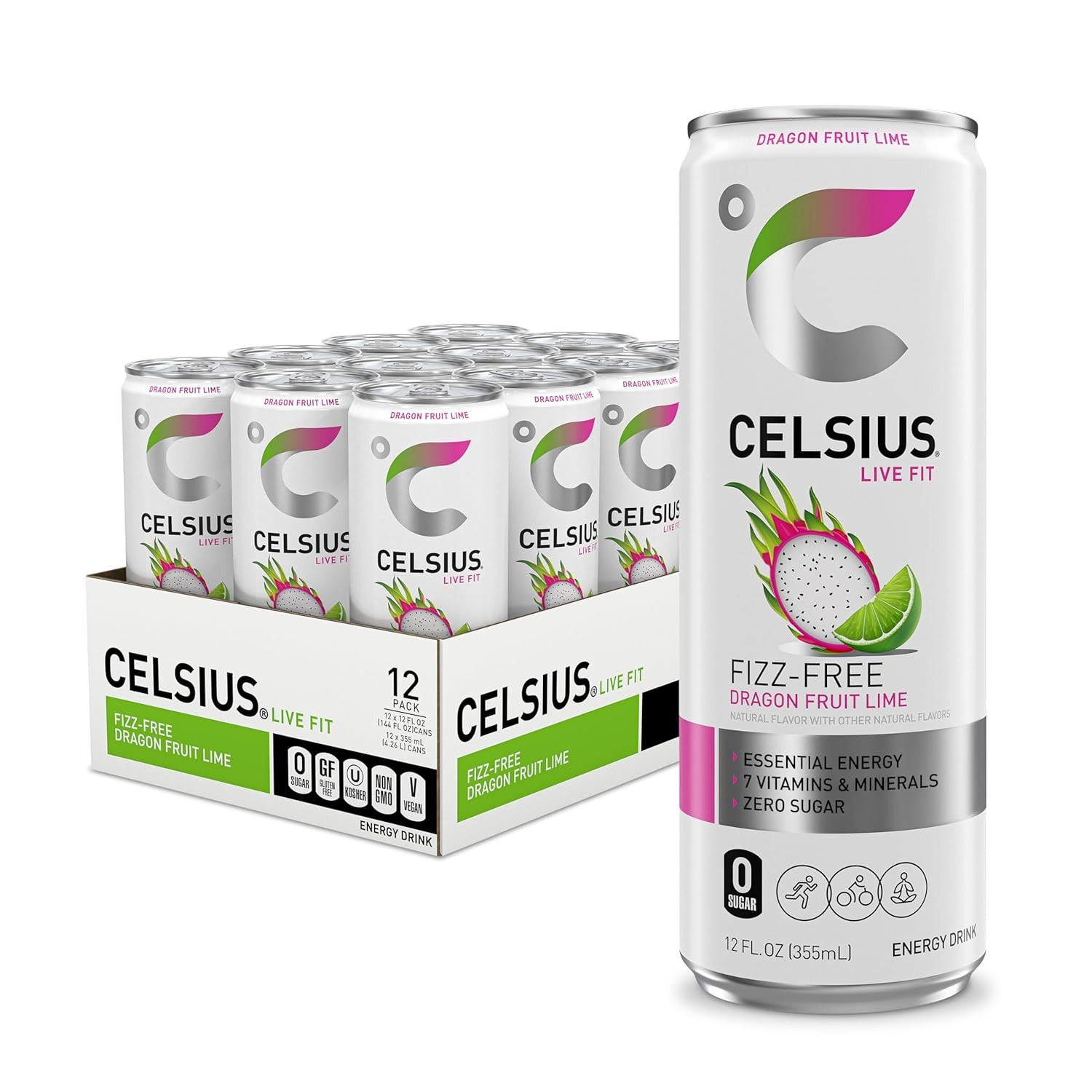 CELSIUS Fizz Free Dragon Fruit Lime, Sugar Energy Drink, 12 Fl Oz