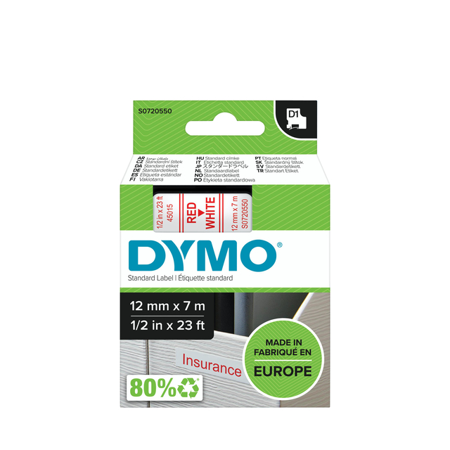 Photo of Dymo D1 Label Tape 12mm X 7m Red On White
