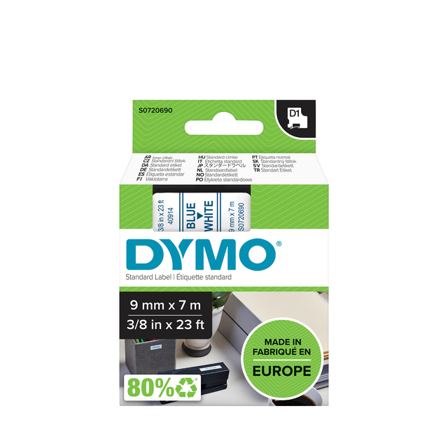 Photo of Dymo D1 Label Tape 9mm X 7m Blue On White
