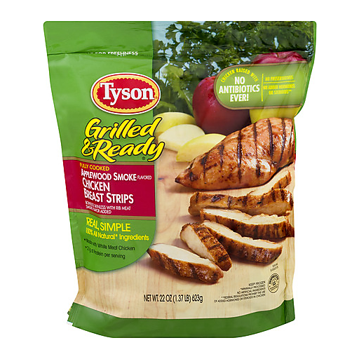 Applewood Smoke Flavored Fully Cooked Chicken Breast Strips Boneless Skinless with Rib Meat