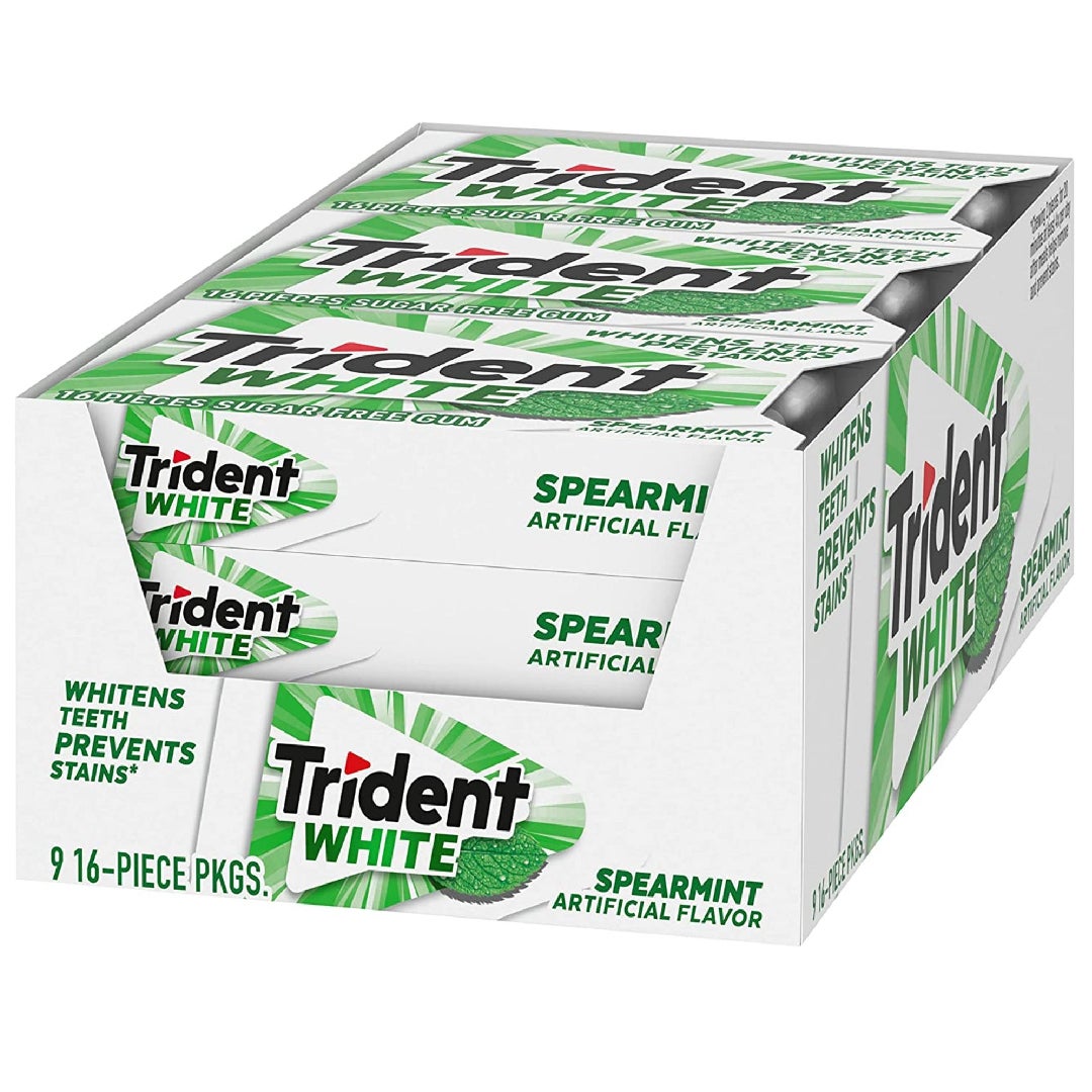 Trident White Sugar Free Gum Spearmint 9 Pack, 16 Pieces