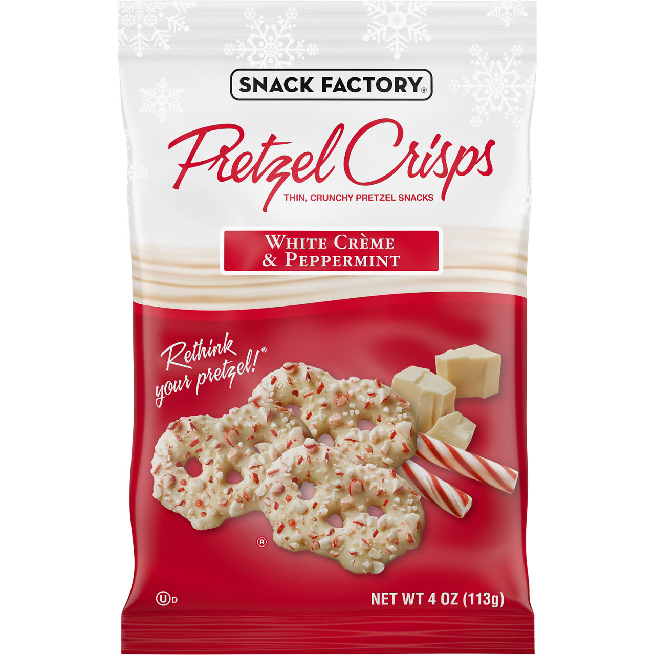 White Chocolate & Peppermint Thin, Crunchy Pretzel Snacks, White Chocolate & Peppermint
