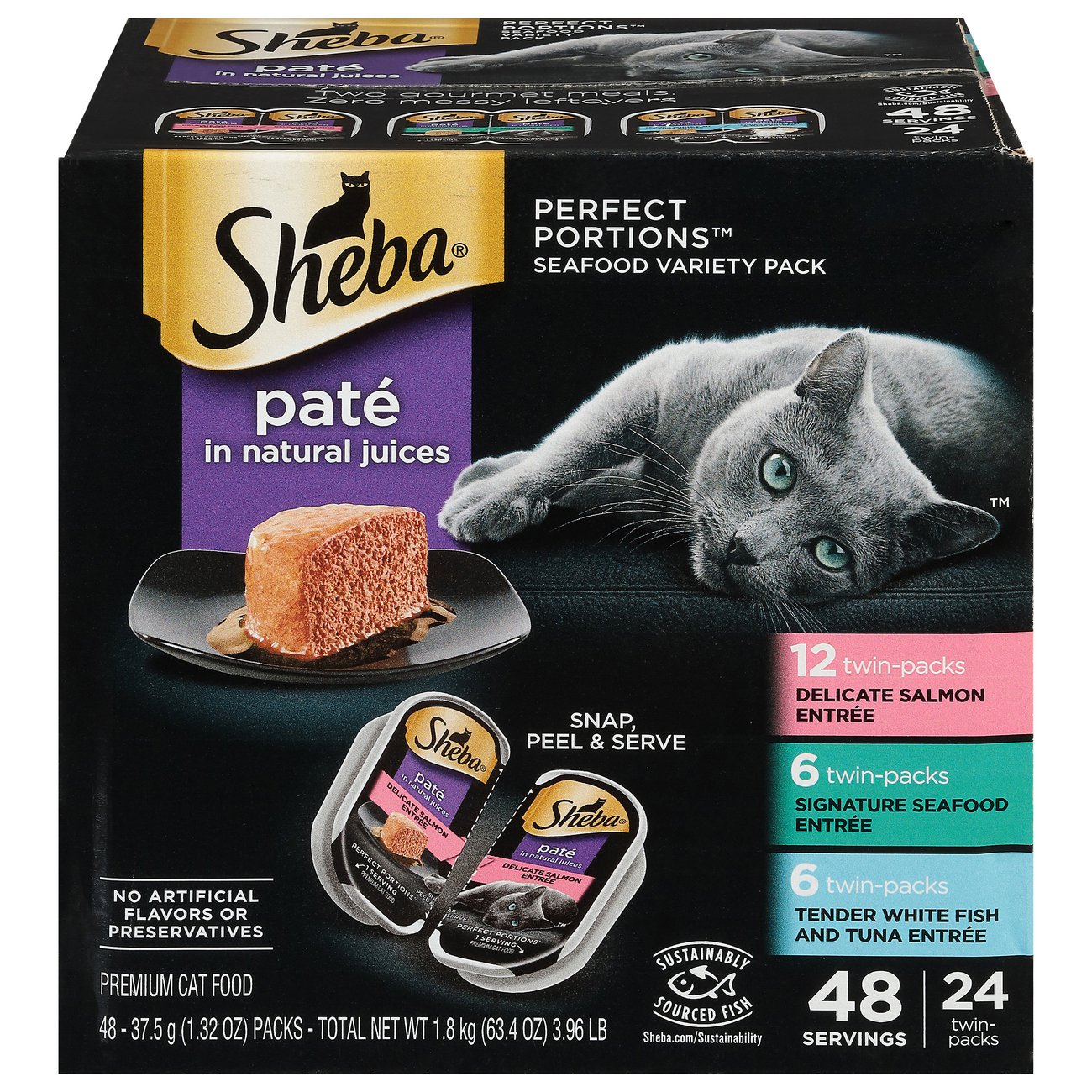 Sheba Perfect Portions Pate In Natural Juices Variety Pack With Salmon, Tuna, And Whitefish Grain Free, Wet Cat Food, Case Of 24, 2.6oz Twin Packs