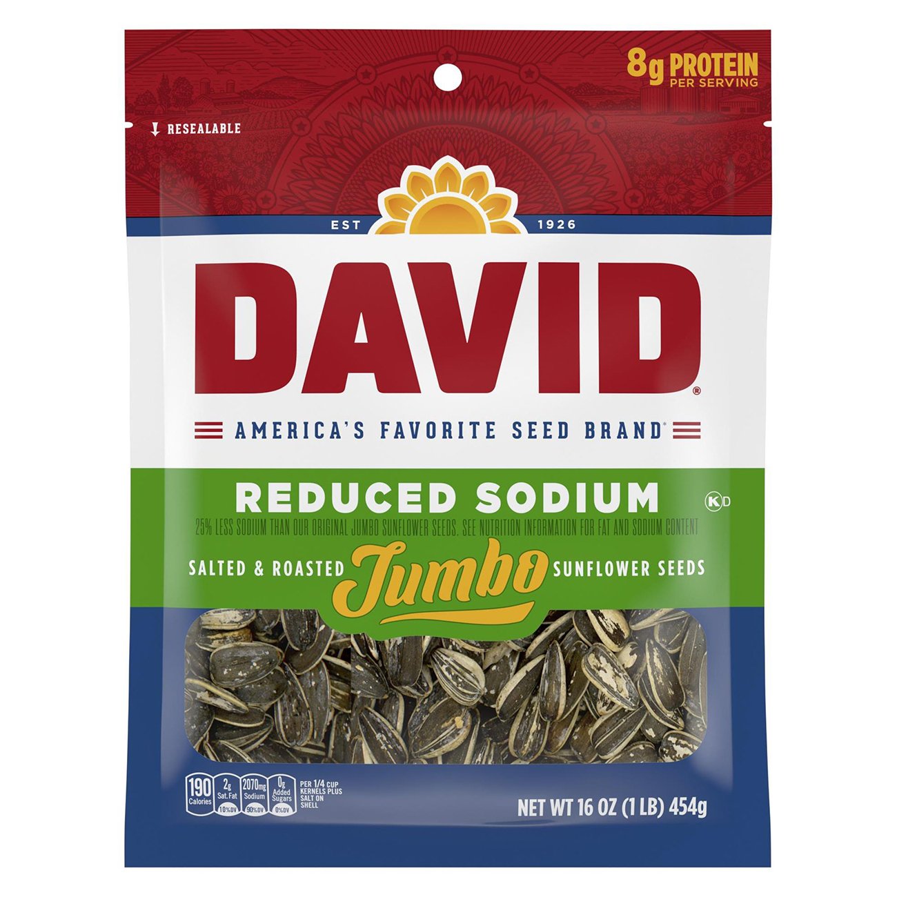 David Sunflower Seeds, Jumbo, Reduced Sodium, Salted & Roasted 