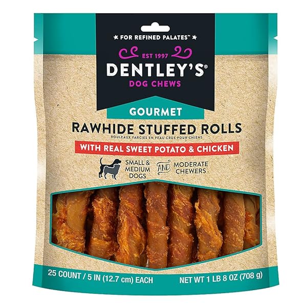 Queenmew Dentley'S Gourmet Rawhide Stuffed Rolls Dog Treats - Sweet Potato & Chicken 25 Rolls Per Pack