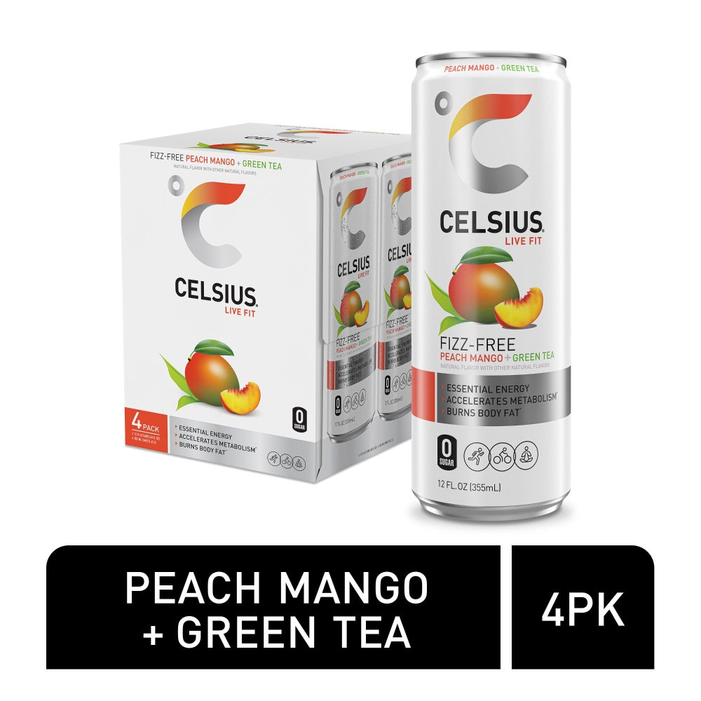 Photo of Celsius Energy Drink, Peach Mango Green Tea, 4 Pack