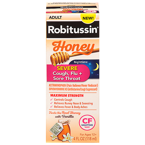 Robitussin Adult Maximum Strength Honey Nighttime Severe Cough, Flu + Sore Throat 4 Fl Oz Box