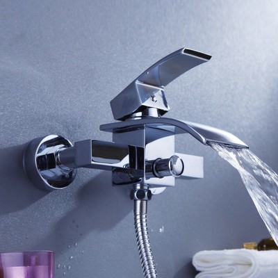 Modern Waterfall Bath Tub Faucet Wall Mount Chrome Finish With Hand Shower