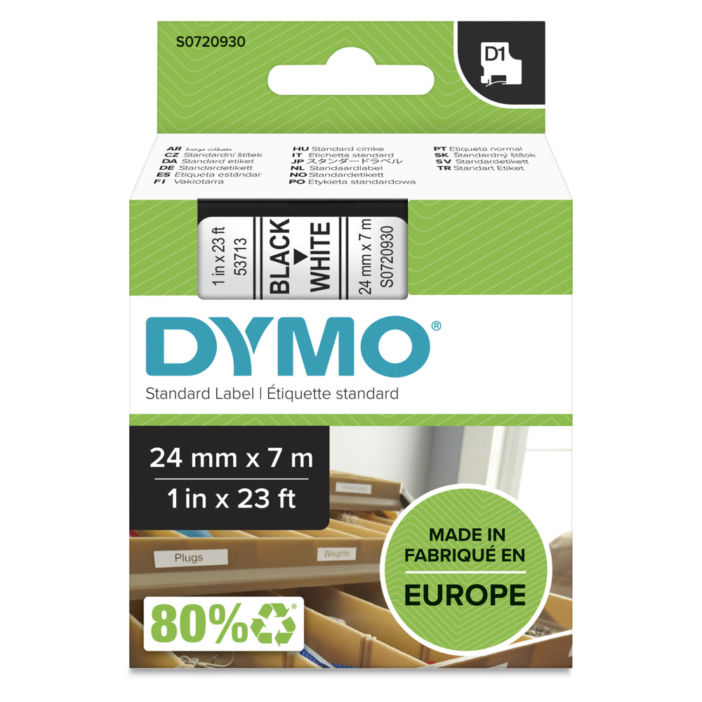 Photo of Dymo 53713 D1 High-Performance Polyester Removable Label Tape, 1" X 23 Ft, Black On White 24 Mm X 7 M Black/White