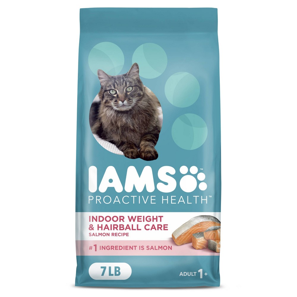 Iams Cat Food, With Salmon, Premium, Indoor, Weight & Hairball Care, Adult 1+ Years 7 Lb