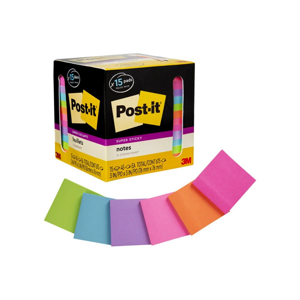 Post-it 15pk Super Sticky Notes 3″x3″