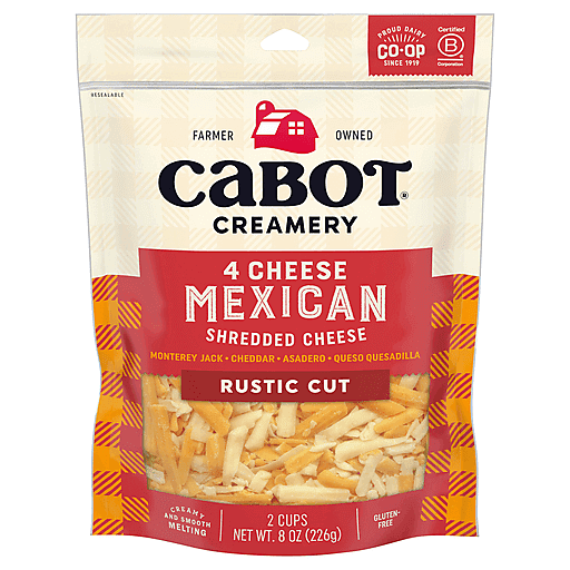 Cabot Creamery Cheese, 4 Cheese Mexican, Shredded, Rustic Cut 8 Oz