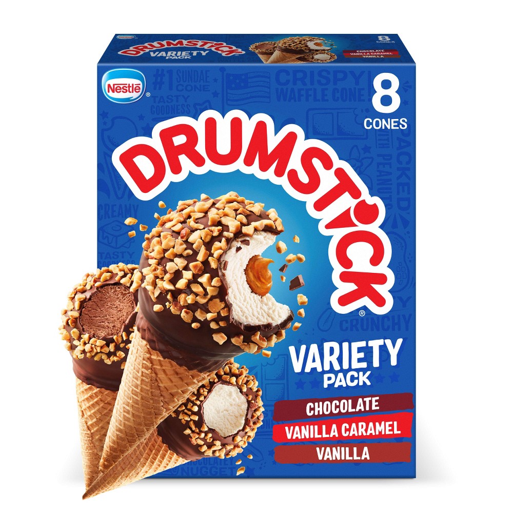 Photo of Drumstick Nestle Frozen Dairy Dessert Cones, Chocolate/Vanilla Caramel/Vanilla, Variety Pack