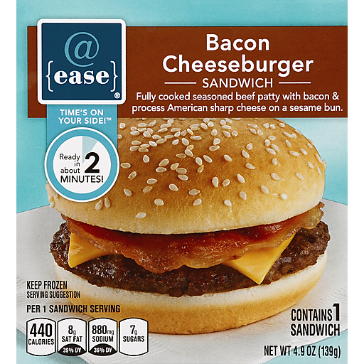 Bacon Cheeseburger Fully Cooked Seasoned Beef Patty with Bacon & Process American Sharp Cheese on a Sesame Bun Sandwich, Bacon Cheeseburger