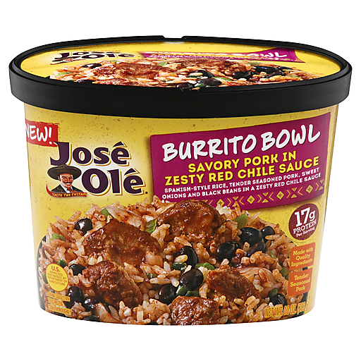 Spinach-Style Rice, Tender Seasoned Pork, Sweet Onions and Black Beans in a Zesty Red Chile Sauce Burrito Bowl, Savory Pork in Zesty Red Chile Sauce