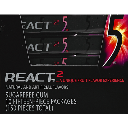 5 Gum, Sugarfree, React 2, Fruit