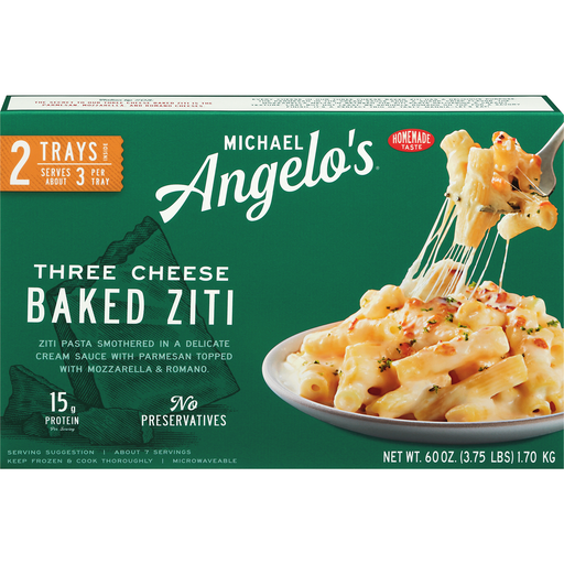 Three Cheese Baked Ziti Pasta Smothered in a Delicate Cream Sauce with Parmesan Topped with