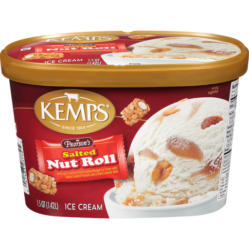 Salted Nut Roll Flavored Marshmallow Nougat Ice Cream with Salted Candied Peanuts and a Thick