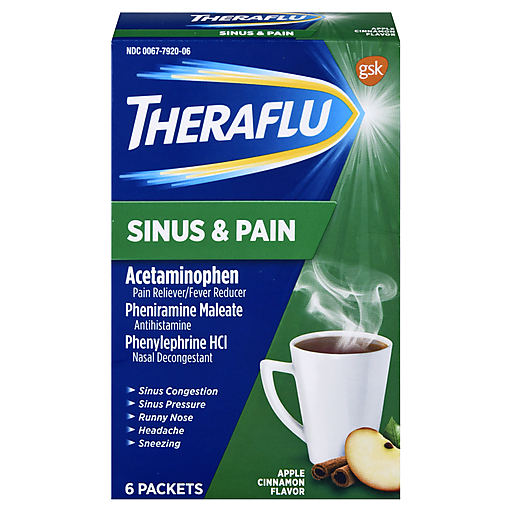Theraflu Sinus And Pain Hot Liquid Powder Apple Cinnamon Flavor 6 Count Box
