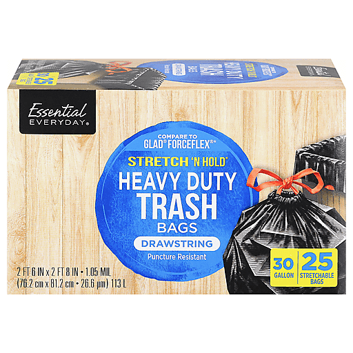 Essential Everyday Trash Bags, Heavy Duty, Drawstring, 30 Gallon