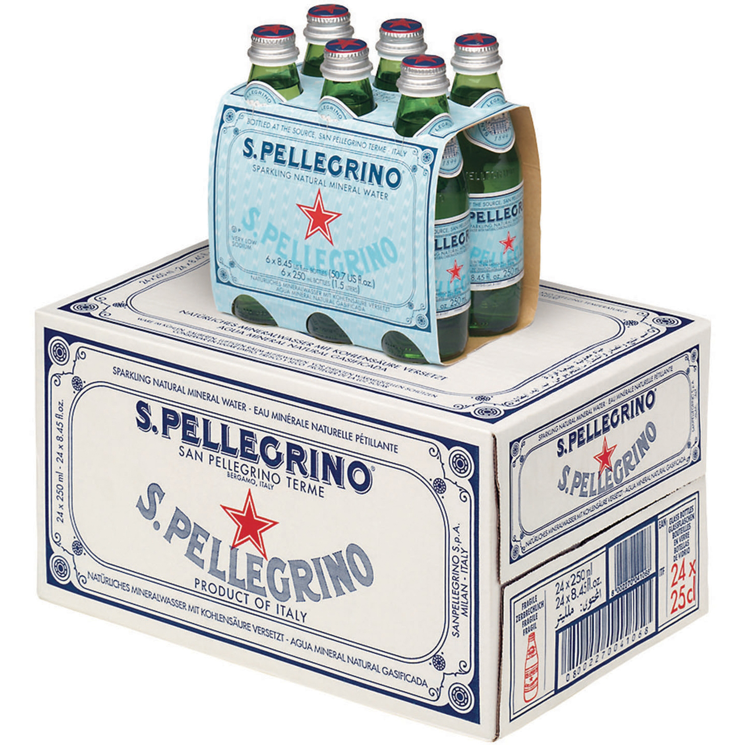 S.Pellegrino Sparkling Natural Mineral Water 4×6-250mL Glass Bottles