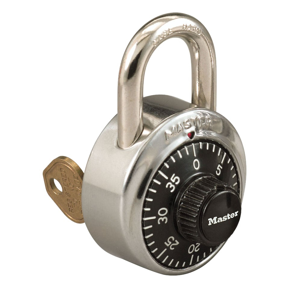 Master Lock Combination Stainless Steel Padlock w/Key Cylinder, 1-7/8″ Wide, Black/Silver